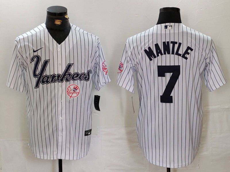 Men New York Yankees #7 Mantle White stripe Three generations of joint names Nike 2024 MLB Jersey style 3->los angeles dodgers->MLB Jersey